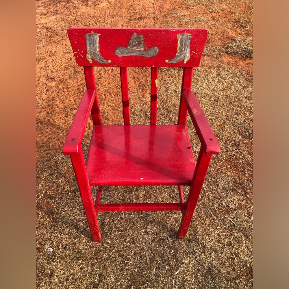 Vintage Wood Red Chair Toddler Doll Size, Handmade Nursery Decor, Western Rodeo